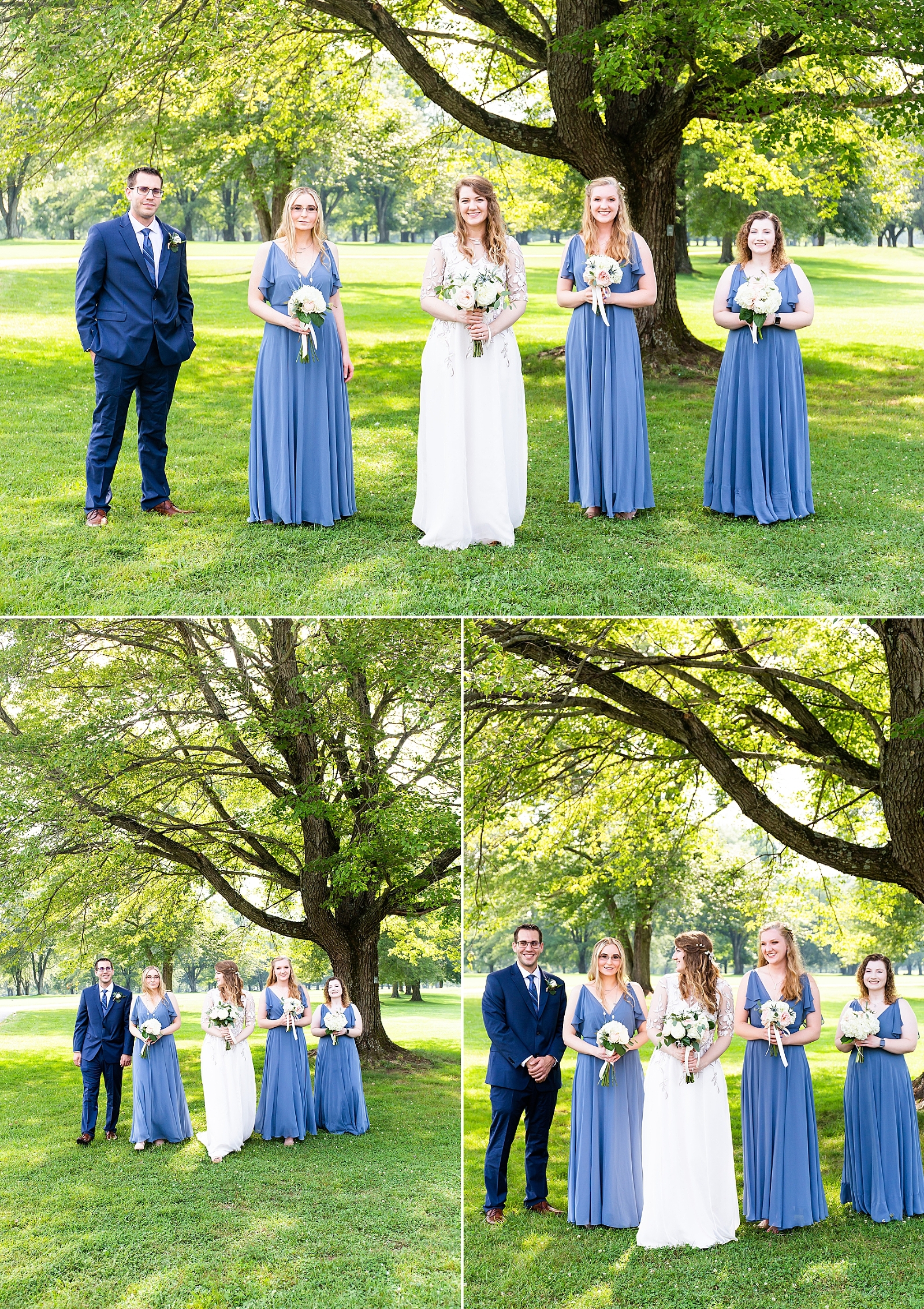 This Woodlands at Algonkian wedding in Sterling, Virginia was just GORGEOUS!! Their day was full of beautiful lighting, gold accent decorations, yummy food and desserts, and handmade wedding dresses and florals! To view the full wedding, click: https://bethanievetter.com/hannah-michael-woodlands-at-algonkian-wedding. Complete with blue suits, a handmade wedding dress, stunning flower arrangements. Photographed by Bethanie Vetter Photography LLC. #WoodlandsAtAlgonkian #WoodlandsAtAlgonkianWedding #TheWoodlandsAtAlgonkian #SummerWedding #August #WeddingPhotos #WeddingPhotography #BethanieVetterWeddings